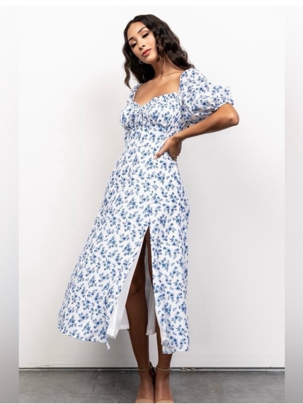 Baltic Born Gwen Smocked Midi Dress Blue Floral Midi puff sleeve XL - Picture 12 of 12